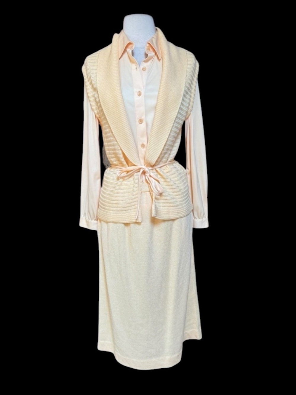 NWT 1970s James Kenrob 3 Piece Butternut Pull On Skirt, Blouse & Shawl Cal Vest